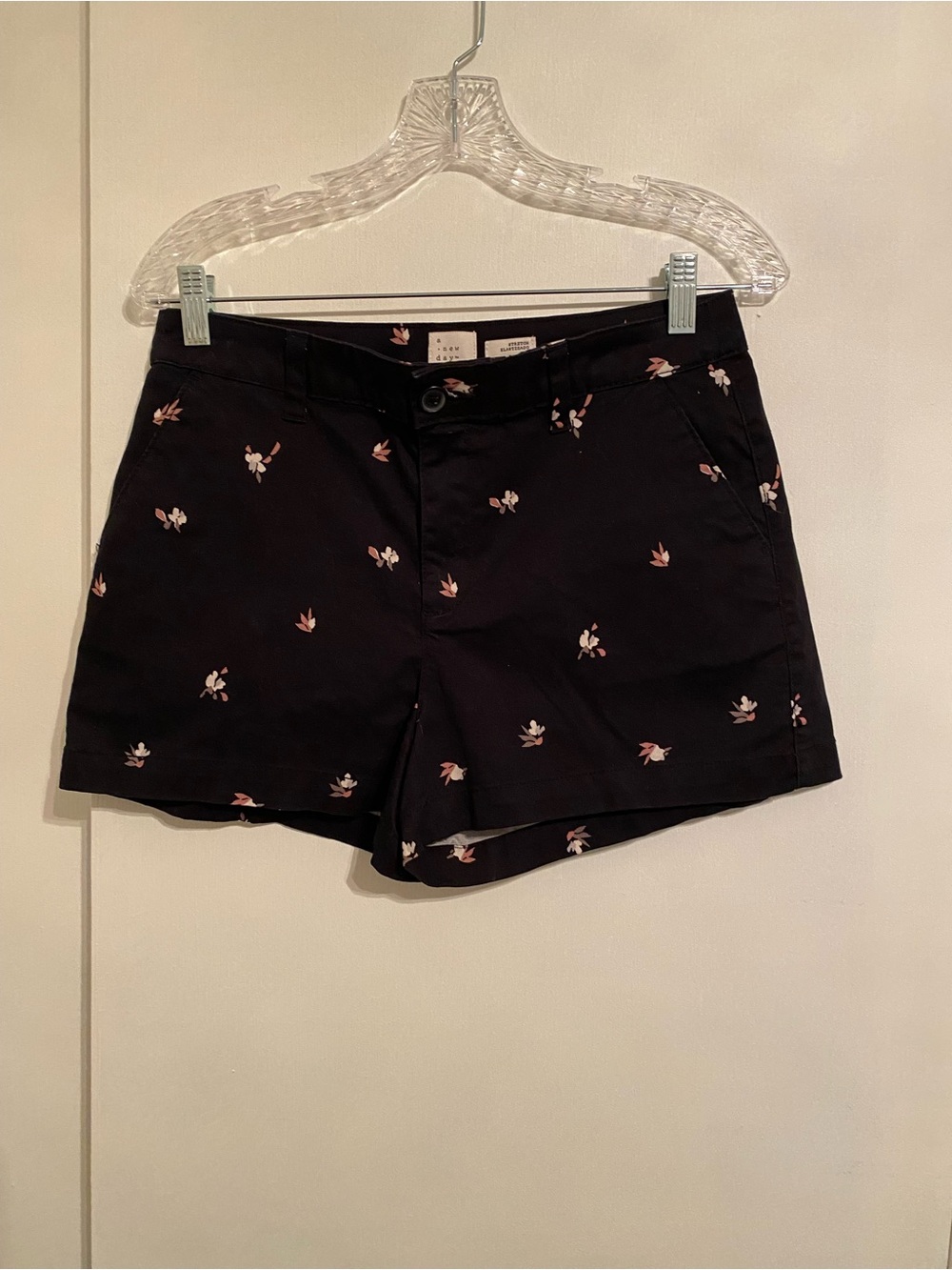 a new day Women’s Black Floral Embroidered Chino Shorts, Flat Front and pockets